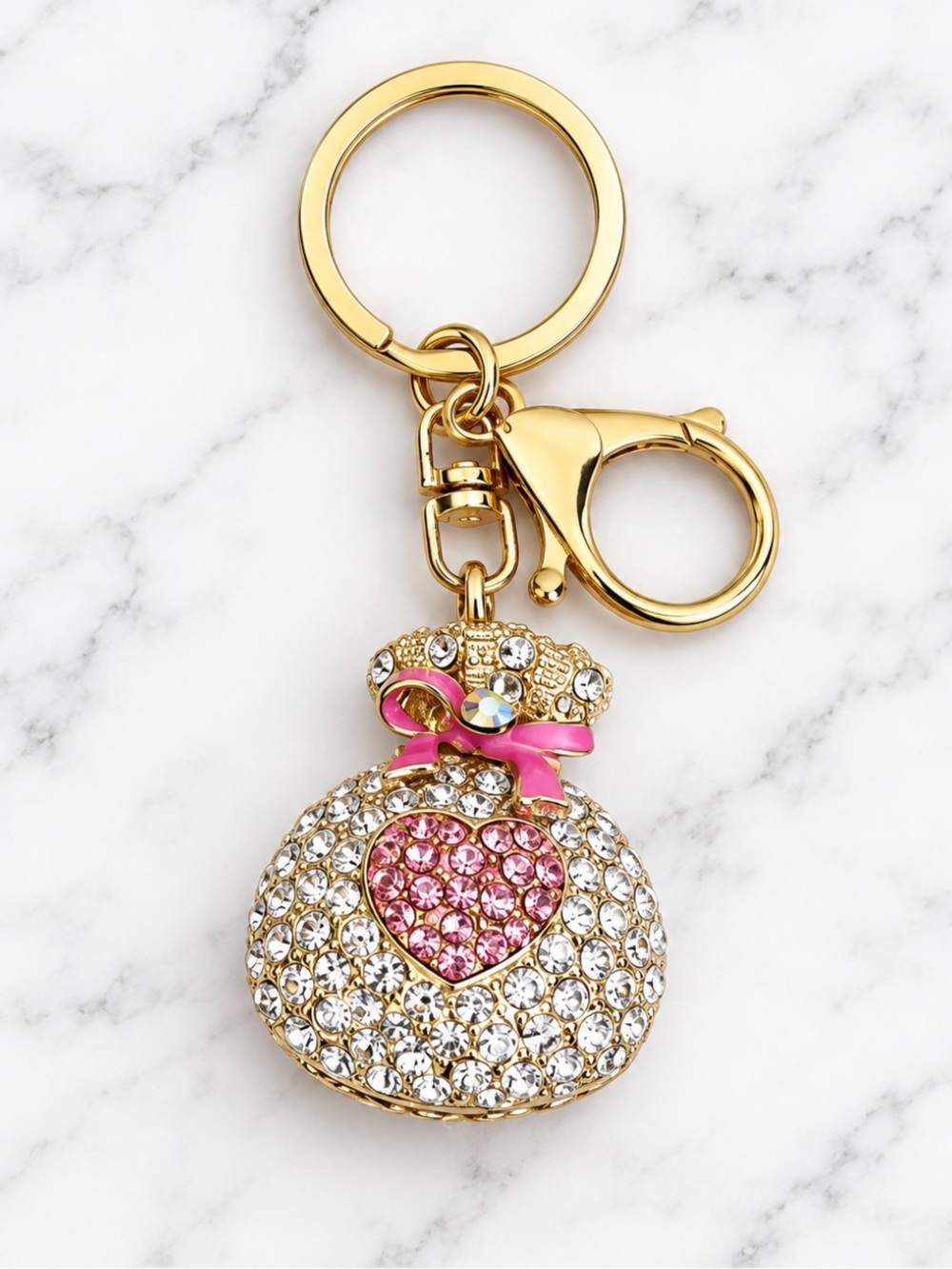 Bag Charm/Keyring-White and Pink Rhinestoned Lucky Bag Charm-Gold Hardware